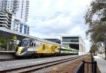 Brightline discharging and receiving passengers in Downtown WPB